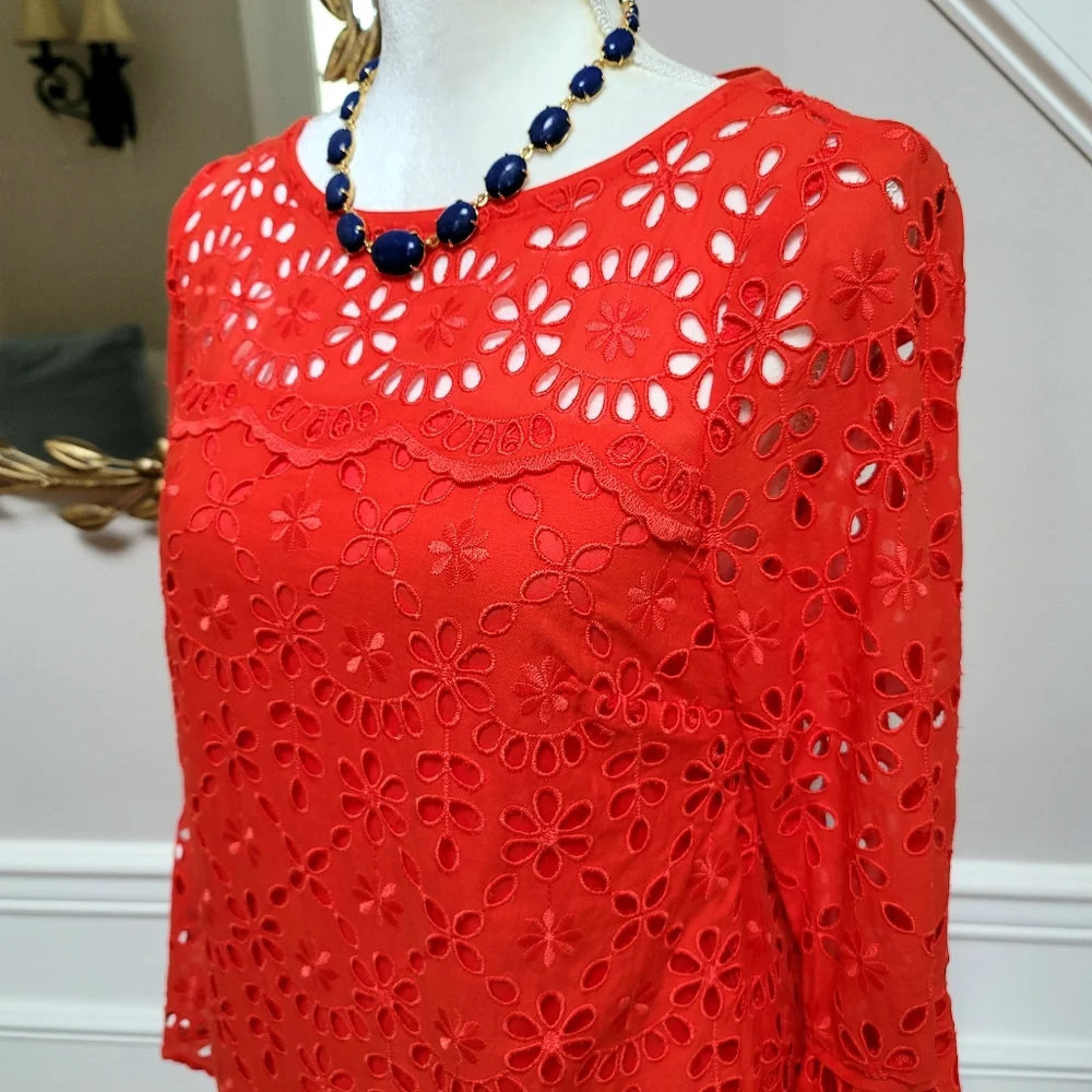 New! J. Crew sz 4 Eyelet Dress Bell-sleeves Orange-Red NWT